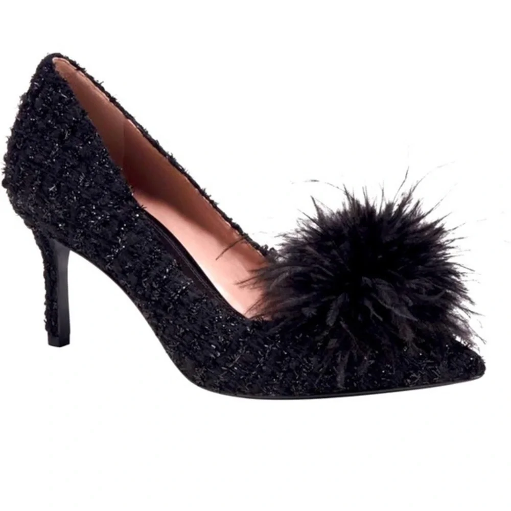 🆕kate spade new york Black Marabou PomPom Glitter Tweed Pointed Toe Stiletto
